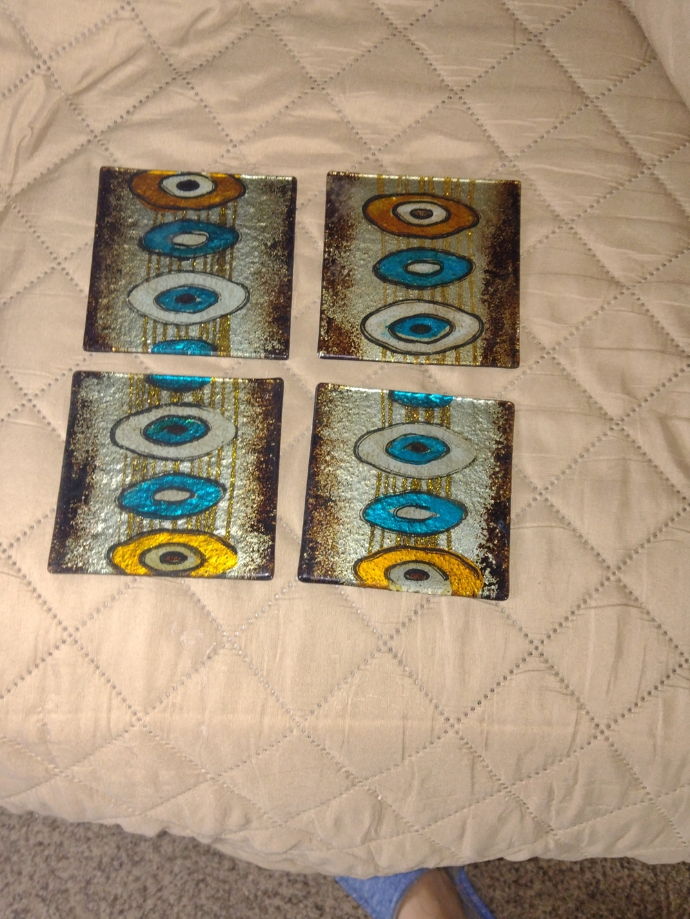 Decorative Glass Coasters Set in Blue, Gold, and White